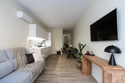 a living room with a couch and a tv on a wall at Tao Suite 1 next to the Aquarium in Valencia