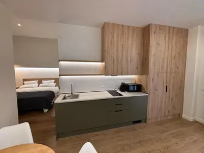 a kitchen with a sink and a bed in a room at Apartamentos Nou Mestalla in Valencia