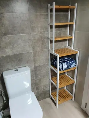 a bathroom with a toilet and wooden shelves at Edificio JUNIOR in Cullera