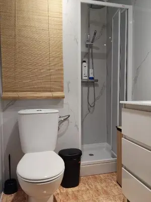 a bathroom with a white toilet and a shower at Apartamento amanecer paseo marítimo in Cullera