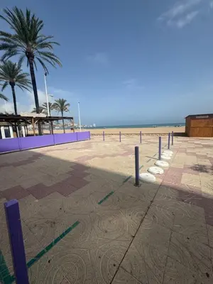 a beach with palm trees and the ocean in the background at Apartamento amanecer paseo marítimo in Cullera