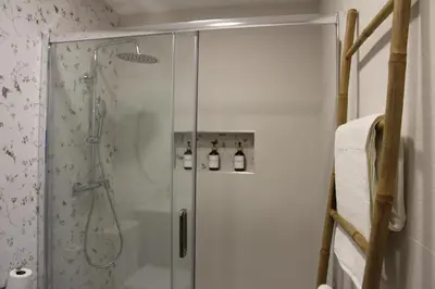 a shower with a glass door in a bathroom at Ruzafa Tropical in Valencia