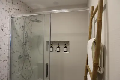 a shower with a glass door with bottles in it at Ruzafa Tropical in Valencia