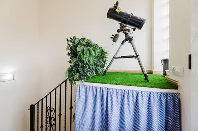 a camera on a tripod next to a table with grass at Casa Las 4 Estaciones in Caudiel
