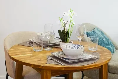 a wooden table with wine glasses and a bowl on it at DM1 - Loft Valencia in Valencia