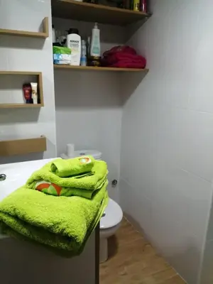 a bathroom with a green towel on a sink at Apartamento en el faro de Cullera in Cullera