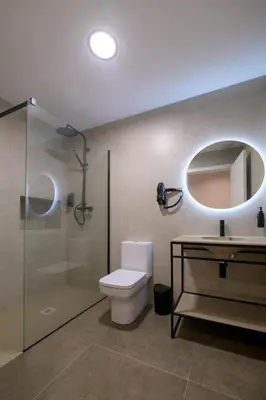 a bathroom with a toilet and a shower and a sink at Céntrico 4 personas Ciudad Ciencias in Valencia