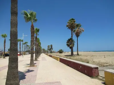 a sidewalk with palm trees on the beach at El sitio de Ana in Burriana