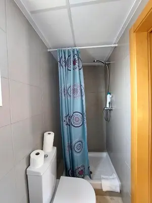 a bathroom with a blue shower curtain and a toilet at ATTIC ROOMs VALENCIA in Valencia