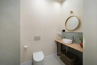 a bathroom with a toilet and a mirror at Apartments LEON GABRIEL MIRÓ in Valencia