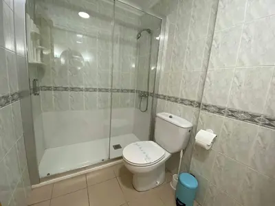 a bathroom with a white toilet and a shower at LAS LANZAS II - ATF Turisferr in Tavernes de Valldigna