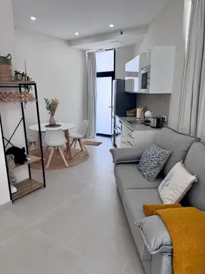 a living room with a gray couch and a kitchen at Apartamento Boutique Valencia 4-Pax - C-3 in Valencia