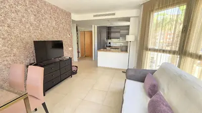 a living room with a couch and a television at BEACH VALENCIA LUXURY A36-22 Apartment with terrace and sea views in Valencia