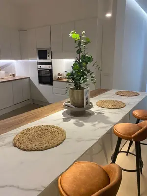 a kitchen with a table with a potted plant on it at Room Turia in Valencia