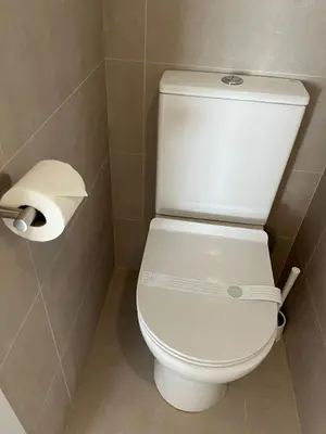 a white toilet in a bathroom with a roll of toilet paper at Luxury Canet in Canet de Berenguer