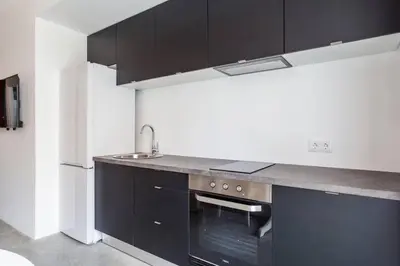 a kitchen with black cabinets and a stainless steel oven at Ruzafa Confort 3 pax wifi Denia 70 in Valencia