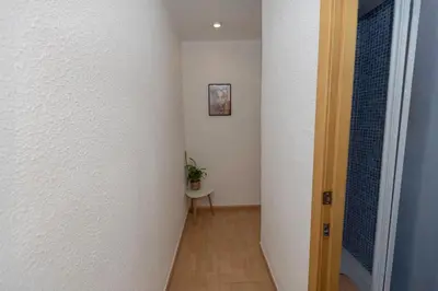 a hallway with a white wall and a table with a plant at Bonito Apartamento Paterna 2 Dormitorios in Paterna