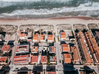 an aerial view of a beach with buildings at Garden at 50m from beach, ChillOut, Large Porche in Mareny Blau