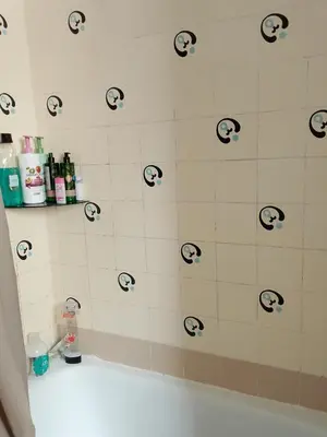 a bathroom with a shower with black and white tile at Habitación confortable in Valencia