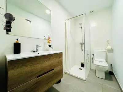 a bathroom with a sink and a toilet and a shower at Cute & Cozy Aparment Near The Historic Center in Valencia