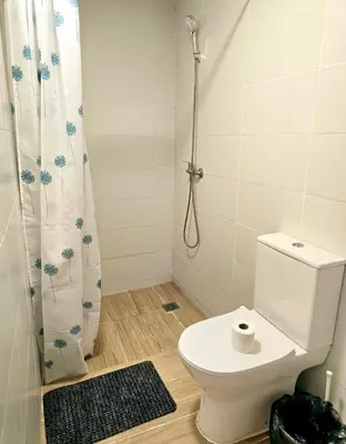 a bathroom with a toilet and a shower curtain at Apartamentos Lindux Airport in Manises