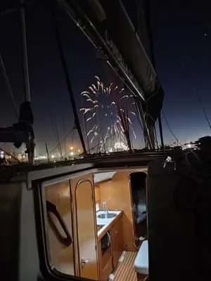 a view from the back of a boat with a sink at Magnificent sailboat with free parking for cars in Valencia