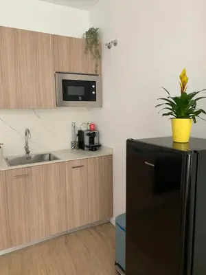 a kitchen with a sink and a black refrigerator at Nieuw Appartement in El Carmen in Valencia