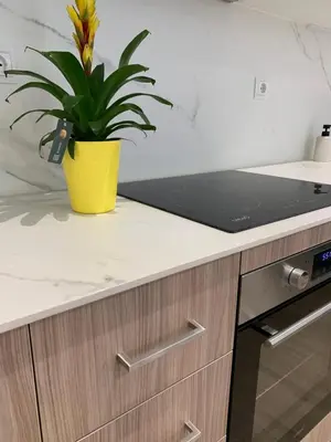 a plant in a yellow pot sitting on a kitchen counter at Nieuw Appartement in El Carmen in Valencia