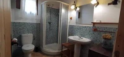 a bathroom with a toilet and a sink and a shower at Les Eres de Gátova in Gátova