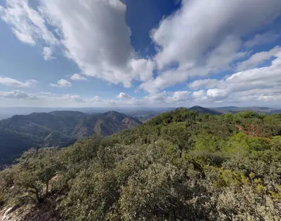 an aerial view of a mountain with trees and clouds at Your stylish retreat in Sierra Espadán in Vall de Almonacid