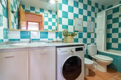 a bathroom with a washer and a toilet and a sink at Global Vacacional, Planta baja con piscina en Almenara in Almenara