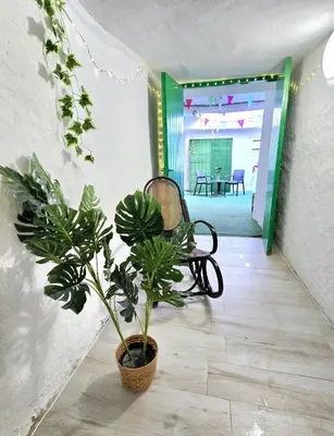 a plant sitting next to a bench in a hallway at Casa Cueva Puerta Verde in Paterna