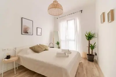 a white bedroom with a large bed and a potted plant at Super Apto 2habitaciones dobles 4 pax wifi terraza in Valencia