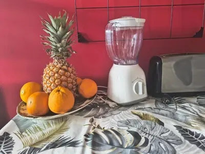 a plate of fruit on a table next to a blender at luxury and relax in Valencia