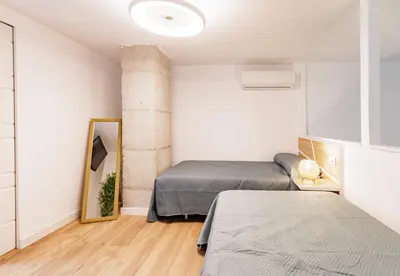 a bedroom with two beds and a mirror at Urban apartment BAJO 6 - HOUSEVANLIVE in Valencia