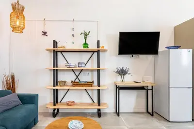 a living room with wooden shelves and a refrigerator at Lovely duplex on the beach in Valencia