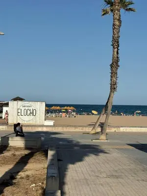 a person sitting on a bench next to the beach at Patacona beach apartment in Valencia