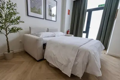 a bedroom with a bed and a couch and a potted tree at Boutique Room - One Tower in Valencia