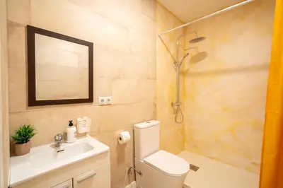 a bathroom with a toilet and a sink and a shower at Loft Centrico 2 pax Poyector TV in Valencia