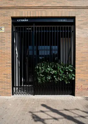 a black metal door with a plant in it at Loft céntrico, 60 m2 ideal para familias pequeñas in Valencia