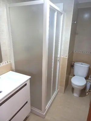 a small bathroom with a toilet and a shower at Sol, 3-20 in Cullera