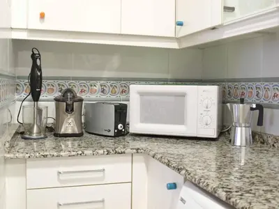 a kitchen with a counter top with a microwave at L'Umbracle Views in Valencia