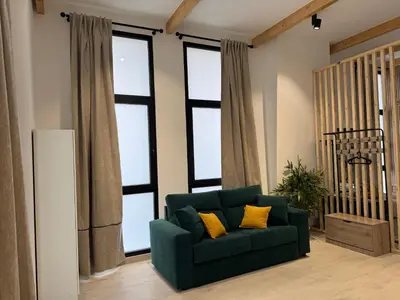 a green couch in a living room with windows at Apartamento El Rincón de Darío in Valencia