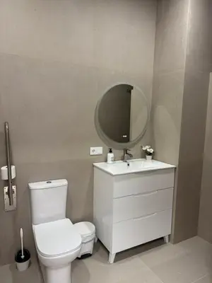 a bathroom with a white toilet and a mirror at Basset 3 in Valencia