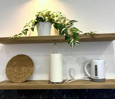 a shelf with two plants and a coffee maker and a candle at Across from the Turia Modern City Stay in Valencia