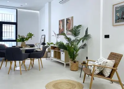a living room with a table and chairs and a plant at Sunny Stay Valencia 4 pax wifi in Valencia