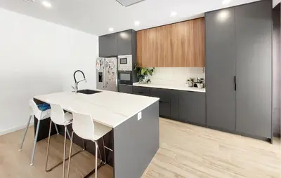 a kitchen with a white counter and a kitchen island at Amazing Home In Serra in Serra