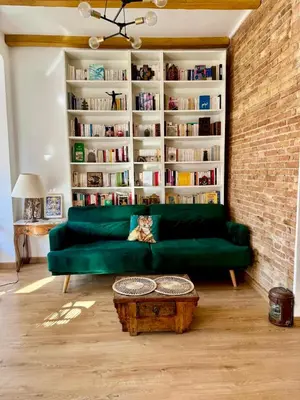 a living room with a green couch and a book shelf at Private Room in Central Valencia in Valencia
