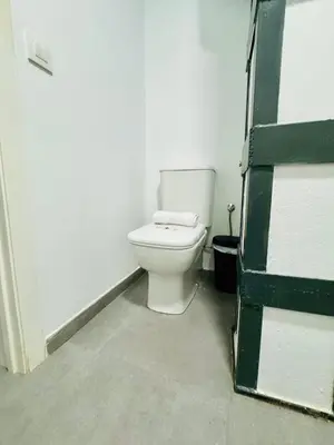 a bathroom with a white toilet in a room at Mediterranean Flat next to the Historic Center in Valencia