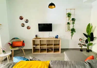 a living room with a couch and a tv at Mediterranean Flat next to the Historic Center in Valencia